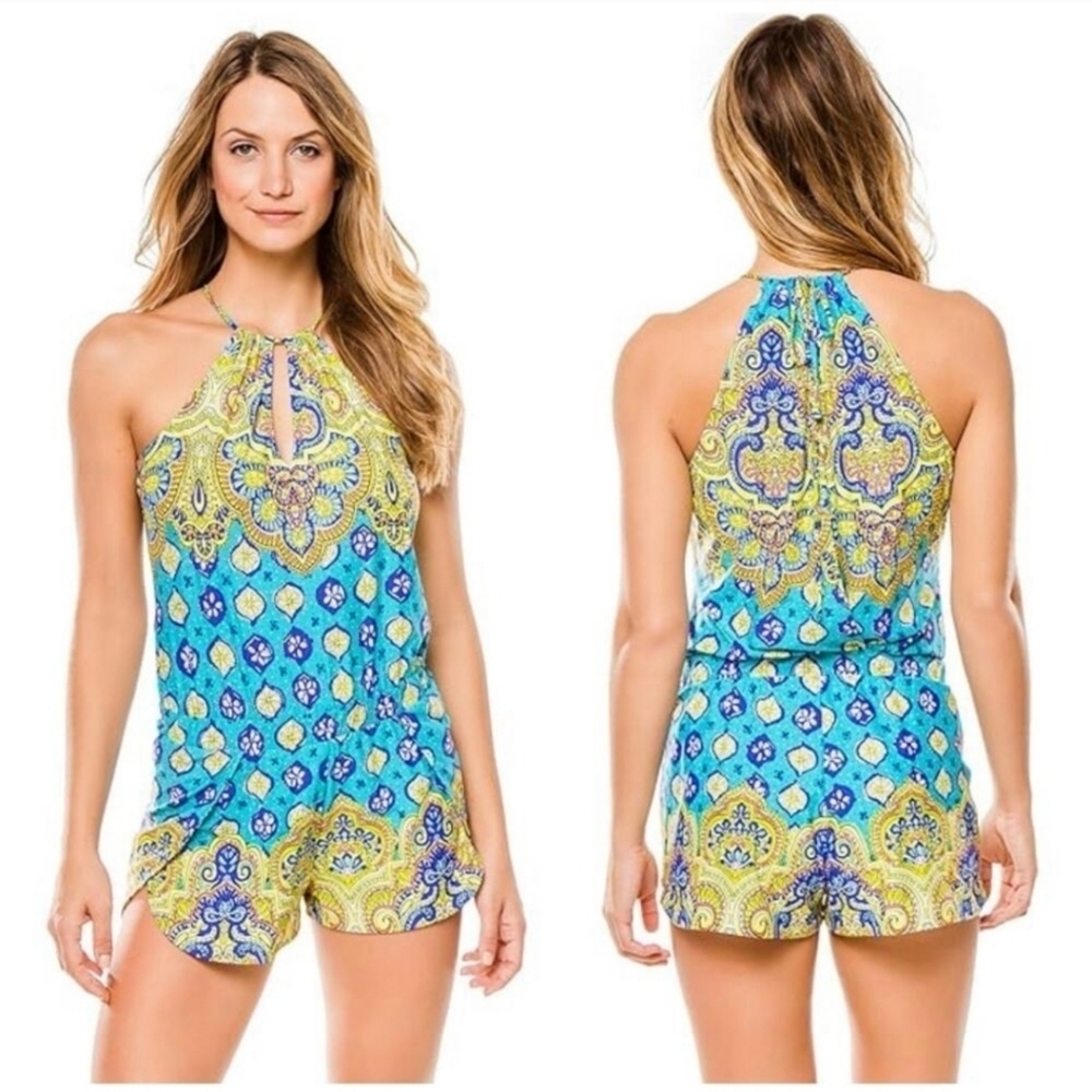 Trina Turk boho swimsuit romper aqua swim cover up Womens Size Small